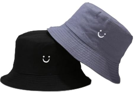 O-Kinee Sonnenhut Kinder,Anglerhut mit Lächeln Mädchen,Fischerhut Faltbar,Sommerhut Outdoor für Mädchen und Jungen,Doppelseitiger Bucket Hat für Kinder von 2–8 Jahren,Blau und Schwarz