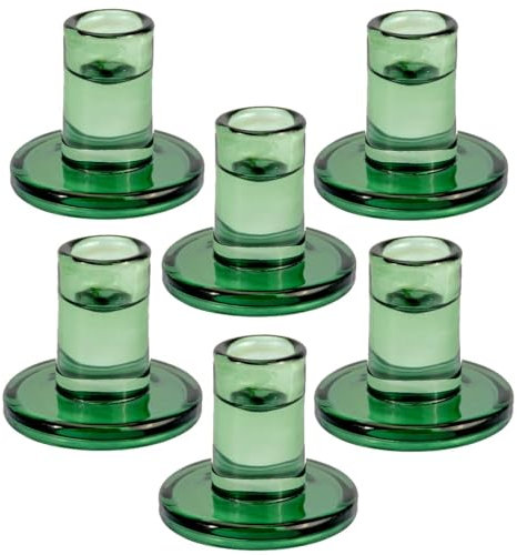 TELOSMA Lot de 6 bougeoirs Courts en Verre Vert pour Bougies Coniques d'un diamètre de 1,8 à 2,3 cm – Décoration de Table de Noël, Centre de Table de fête