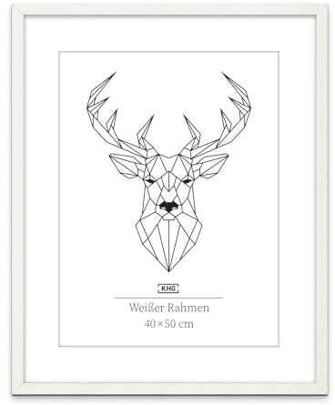 KHG Bilderrahmen aus MDF-Holz mit stabilem Glas und Passepartout, zum Aufhängen oder Hinstellen, Ideal für Portraits, Urkunden, Poster - weiß, 40x50 cm