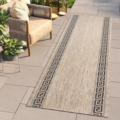 TAPISO Melissa Teppich Läufer Flur Outdoor Indoor Braun Schwarz Griechisch Mäander UV-beständig Wetterfest Terrasse Wohnzimme ÖKO-TEX 100 x 290 cm