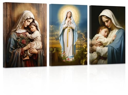 ZXHYWYM Jungfrau Maria Leinwand Bilder 3 Teilig Jesus Mutter Gemälde Drucke Katholische spirituelle Bilder Wanddekoration für Büro Kirche Gebetsraum (Bild-2, (28.00 x 35.00 cms x 3 Teilig))