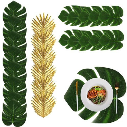 Feuilles de Palmier artificielles, Feuilles Tropicales Artificielles, 24Pcs Artificielles Feuilles de Monstera, Monstère Decoration Jungle Decoration Anniversaire Tropical pour Luau Hawaïen (Vert/Or)