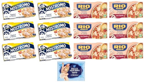 12er-Pack Testpaket Rio Mare Thunfisch und Zwiebeln + Nostromo Thunfisch und Bohnen Fertiggericht, 2x150g + 1er-Pack Kostenlos Felce Azzurra Talkumpuder, 100g-Beutel