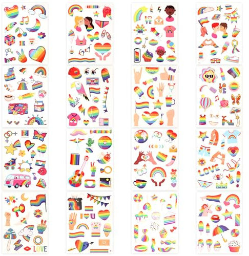 16 Blatt / 240+ Regenbogen Aufkleber LGBTQ, Gay Pride Aufkleber Lesbisch Gay Bisexuelle Trans Pride Aufkleber Abziehbilder Bunte LGBT Aufkleber Geschenk Parade Zubehör für Laptop Wasserbecher