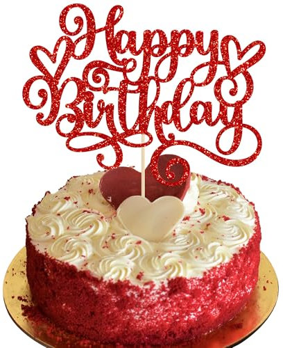 Gyufise 1Pcs Happy Birthday Cake Topper Glitter Cake Pick for Celebrating Anniversary Party Cake Decorations Supplies Red
