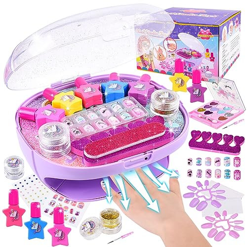 Herefun Nagelstudio Kinder Mädchen, Geschenke für Mädchen Nagellack Set, Nagelkunst Kinder 6 7 8 9, DIY Schminkkoffer Spielzeug (Violett)