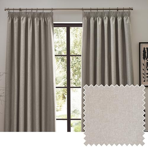 furn. Dawn Textured Blackout Pencil Pleat Curtains – Thermal Lined Pair (Linen - Width 117 x Drop 137cm)