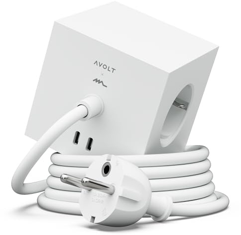 Avolt Square 1 Steckerleiste Design Würfel, 3 Steckdosen, 2 USB-C, 3m | Weiß – magnetischer Steckdosenwürfel, USB-C 30W Laden; Martinelli Luce Kollaboration