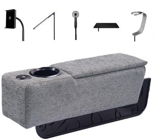 PLOTSAGE Removable Sofa Caddy, Couch Armrest with Cup Holder, Multifunctional Sofa Armrest, with Reading Light, Small Fan, Small Table, Wine Glass Stand,Grey