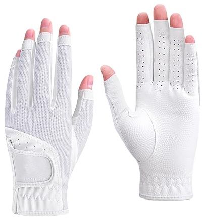 JIAHG 1 Pair Women’s Golf Gloves Fingerless Breathable Mesh UV Protection Anti-Slip Grip Left & Right Hand Golfing Driving Gloves Lightweight Sports Mitts for Ladies (White, M)
