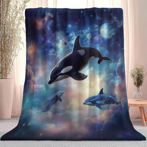 Decke Fantasie Delphin Sternenhimmel Lila Blau 100 X 130 cm, Sherpa Fleece Decke Für Alle Jahreszeiten, Warme Comfort Bedruckte Kuscheldecke Für Couch Bett Sofa Deko Weiche Flauschig