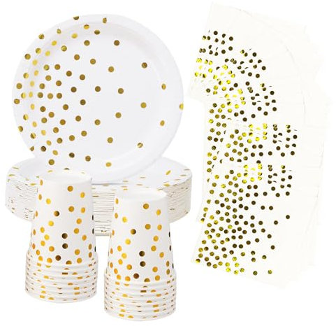52P White and Gold Foil Polka Dots Tableware for Her,Girls,Women,White Gold Dots Plates Paper Cups and Napkins,Sparkling Golden Dots Dinnerware Sets for Birthday,Wedding,Baby Shower Party Tableware