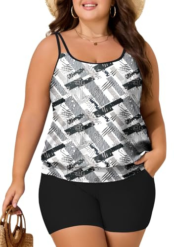Summer Mae Blouson Plus Size Women's Tankini Swimsuits Tummy Control Modest 2025 Two Piece with Sporty Pockets Bathing Suits, Tire Print, 20 Plus