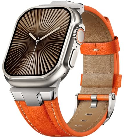 Suitisbest Genuine Leather Band Compatible for Apple Watch Ultra 3/2/1 Straps 49mm 46mm 45mm 44mm 42mm, Rugged Metal Connector Strap for Women Men iWatch SE 3 Series 11 10 9 8 7 6 5 4 3 2 1