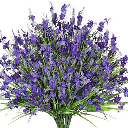 UXORSN Kunstblumen wie Echt 12 Bündel Kunstpflanzen Außenbereich Künstliche Lavendel Blumen Outdoor Wetterfest Künstliche Balkonpflanzen künstlich Pflanze für Draußen Garten Hochzeit Balkon Deko, Lila