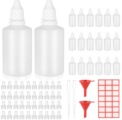 Pack of 20 50 ml Liquid Bottles, Dropper Bottles, Empty Squeeze Bottles, Plastic Dosing Bottles, Plastic Bottles, Dropper Bottles with Lid for Essential Oils, with Funnel/Transfer Pipette/Sticker