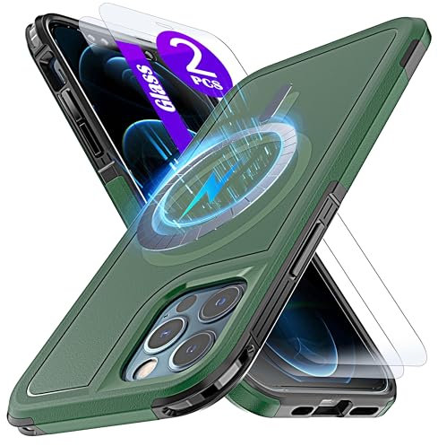 YmhxcY Magnetic for iPhone 12 Pro Max Case 6.7-Inch,Compatible with MagSafe,[2 Pack Tempered Glass Screen Protector] Shockproof Military-Grade Protection caseGreen