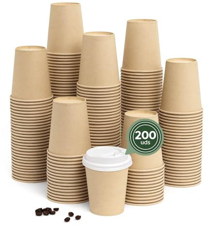 Maxi Products - 200 Vasos Cartón Kraft + Tapa Blanca - 250 cc (8 oz) - Vasos Desechables para Café para Llevar - Reciclables - Apto Alimentos Calientes - TAKE AWAY