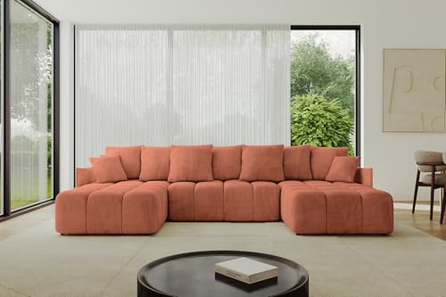 ALTDECOR Ecksofa in U-Form mit Schlaffunktion und Bettkasten Corner Sofa Bett Eckcouch Couch L-Form Schlafcouch Ausziehbar Wohnlandschaft Schlafsofa Cauchsofa LONLI-U 355x189x68 Apricot