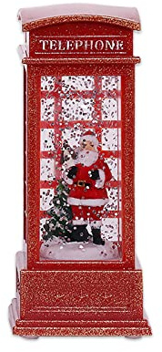 LEADSDGE Weihnachtliche rote Telefonzelle mit LED-Licht Santa-Schneeflocken-Ornament für Festival-Desktop-Zentral-Dekoration