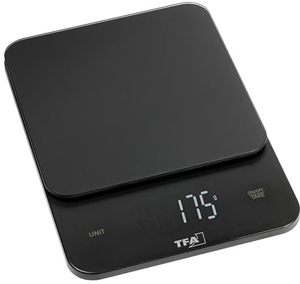 TFA Dostmann Bilancia da cucina digitale BROWNIE fino a 5 kg, 50.2008.01, superficie in vetro, funzione tara, tasti sensoriali, display LED illuminato, piatta e compatta, moderna, nero