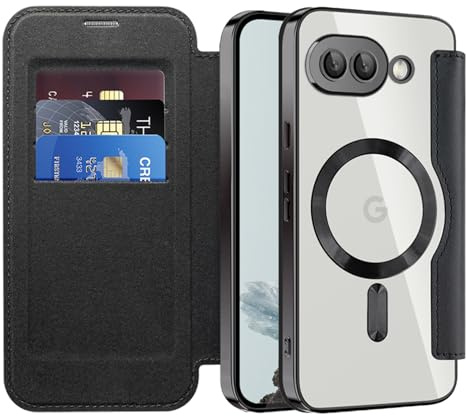 IMEIKONST Handyhülle für Google Pixel 9A Hülle Kartenfach Schwarz JDCX | RFID-Blockierung Kartenfächer Brieftasche, Premium PU Leder Klappbar Tasche, Magnetische Transparente Rückseite Schutzhülle