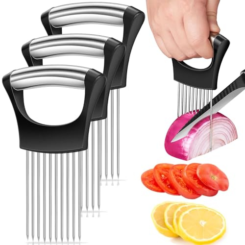 Poraceous 3 Pezzi Porta Fette di Cipolla in Acciaio Inox, Forchetta per Cipolle, Affettatrice per limone, Multifunzionale Per Fette Di Cipollas Strumenti, per Affettare Carne, Cipollas, Patate (Nero)