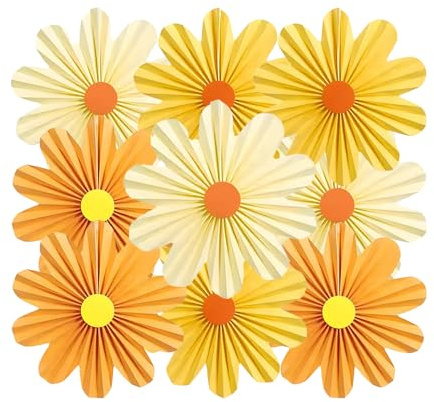 9 PCS Orange Yellow Paper Flowers Decorations, Natural Orange Party Wall Decoration Hanging Paper Flowers Sunflower Fans Durable Spring Floral Fans Decorations for Birthday Baby Shower