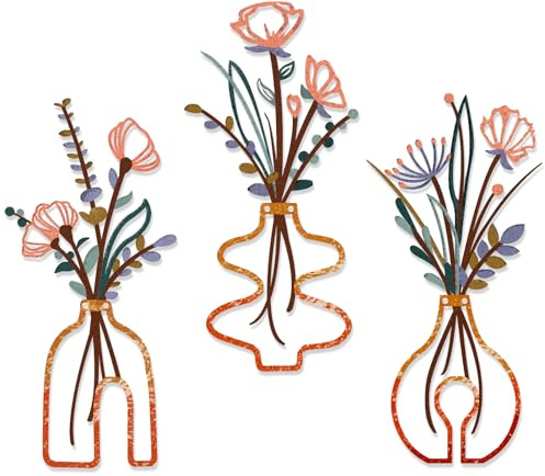 Pduoduo 3Pcs Metal Flowers Wall Decor,Minimalism Flower in Vase Hanging Iron Wall Art,Floral Line Hanging Wall Sculptures for Living Room, Bedroom,Bathroom