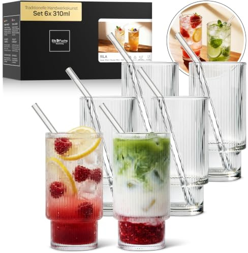 ElbFuchs Trinkgläser 6er Set 310 ml - Geriffelte Longdrinkgläser mit Glasstrohhalmen als Cocktailgläser, ästhetische Wassergläser, Eiskaffee & Matcha Gläser