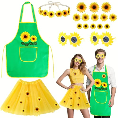 Yi'antai Karneval Sonnenblumen Kostüm, Gärtner kostüm Damen Herren, Grün Gärtnerschürze mit Gelbe Tutu Rock, Sonnenblumen Haarrreif Brille, Gärtner Schürze Karneval Kostüm Accessorie (Garten)