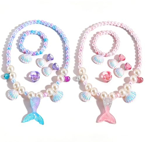 KAFZEL 2 Stück Meerjungfrau Schmuckset Mädchen, Meerjungfrau-flosse mädchen, Enthalten Glitter Halskette,Ringe,Armbänder,Ohrring,Geschenke für Party,Dress Up(Rosa + Lila)