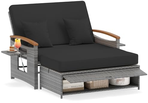 COSTWAY Polyrattan Sonnenliege, Gartenliege mit Verstellbarer Rückenlehne | Doppelliege 2 Personen mit Kissen & Seitenablagen, Balkonmöbel Kleiner Balkon, Gartensofa mit Liegefunktion, Loungebett