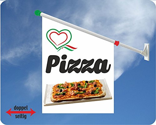 Werbeflagge (Fahne mit über 50 Varianten, Text und Bild, z.B. Eis, Döner, Kaffee, Crepes, Waffeln, Pommes uvm.) Ideal für Kiosk, Restaurant oder Kirmes, weiß (Pizza Herz)