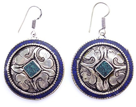 Handgefertigte Hängeohrringe Damen 925er Silber Plattiert Ethno Tribal Boho Statement Schmuck Gepresster Türkis und Lapislazuli Tibetische Ohrringe
