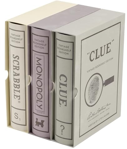 WS Game Company Vintage Board Games Bookshelf Collection - Scrabble, Monopoly & Clue in Book-Style Cases for Family Game Night, Classic Board Games for 2-6 Players, Ages 8+