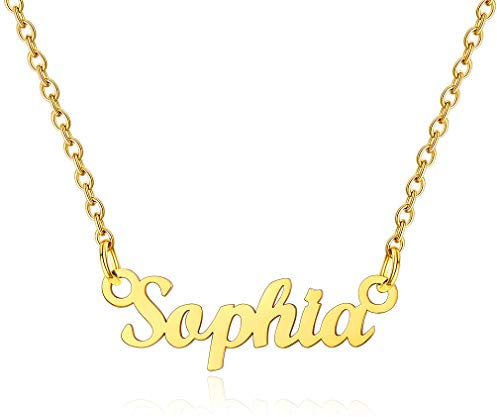 Custom4U Klassische Damen Halskette mit Namen Sophia Namenskette Gold in Carrie Stil Edelstahl Namensketten Gold für Damen/Frauen 45cm+5cm für Freundin, Mutter, Schwester