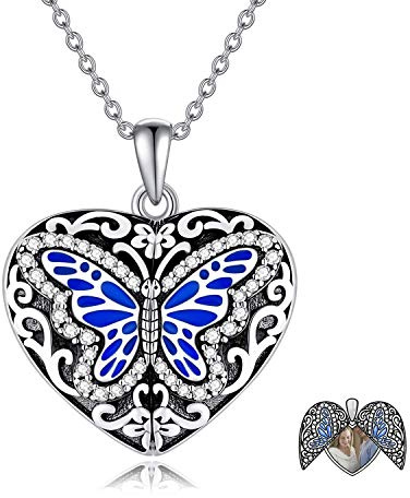 LONAGO 925 Sterling Silber Herz Medaillon Halskette die Bilder Schmetterling Personalisierte Foto Medaillon Halskette Schmuck für Frauen Hält (Schmetterling 1-Medaillon + Foto)
