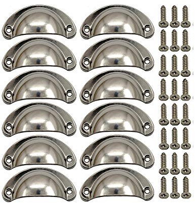 Dreneco 12pcs Shell Cup Handles Iron-Nickel Alloy Half Moon Vintage Cupboard Door Drawer Cabinet Handles Knobs with Screws (Nickel Brushed)