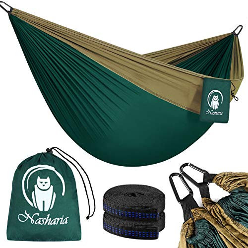 Nasharia Reise Camping Hängematte - 275 x 140 cm Atmungsaktiv, Schnelltrocknendes 210T Nylon Spinning - Fallschirmmaterial - 2 x Premium Karabiner, 2 x Nylon-Schlingen | Für Outdoor Drinnen Garten