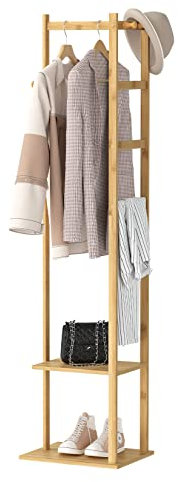 unho Garderobenständer Bambus, freistehender Kleiderständer, Garderobe mit Kleiderstange, 2 Ablagen,3 Haken für Kleidung, Hüte, Taschen, Flur, Eingangsbereich
