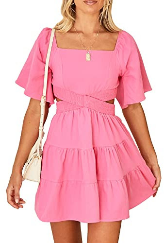 Shy Velvet Mini Robe d'été décontractée à Manches Courtes et col carré pour Femme, Rose, Taille M