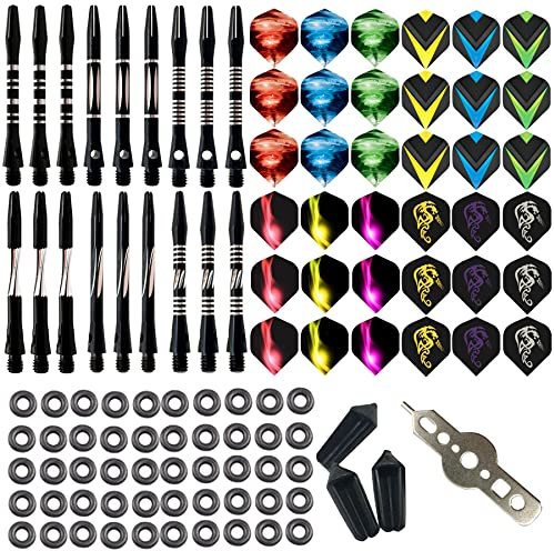 JpGdn Dart-Schäfte aus Metall und Flights, aus Aluminium, mit O-Ringen, Dartschlüssel, Flugschutz für Dartspiele, 129 Stück