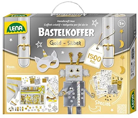 Lena 42666 - Premium Bastelkoffer Gold und Silber mit 1500 Teile, Bastelmaterial mit Glitzer-Moosgummi, Metallic-Papier, Perlen, Edelsteine, Blattgold, Pompon und mehr, für Kinder ab 5 Jahre, Mittel