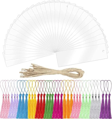 30 Stück Rechteckige Acryl Lesezeichen, BetterJonny Blanko Acryl Lesezeichen Rohling mit 36 Bunten Quaste Leere Craft Lesezeichen Transparente Lesezeichen für DIY Basteln Notizbuch Party Dekorationen