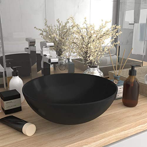 Tidyard Lavandino da Bagno in Ceramica Nero Opaco, Lavabo da Appoggio Rotondo/Ovale/Rettangolare, Moderno