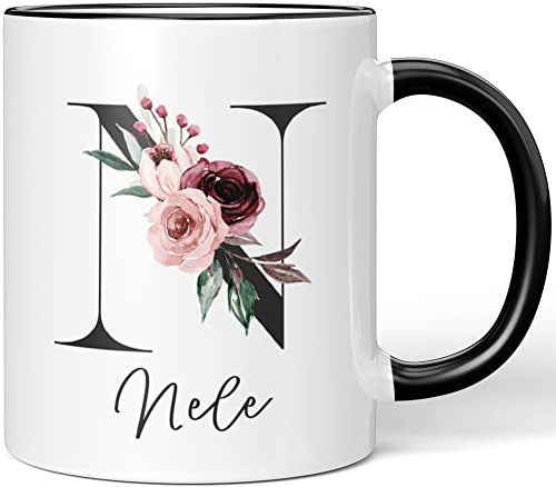 JUNIWORDS Tasse, Nele, Name Anfangsbuchstabe Initial Alphabet Floral Buchstabe N Monogramm Motiv, Schwarz (5592174)