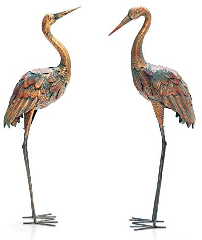 GiantexUK 2PCS Crane Garden Statue Set, Patio Freestanding Sculpture Decor with Metal Frame, Crane Ornament for Indoor Outdoor