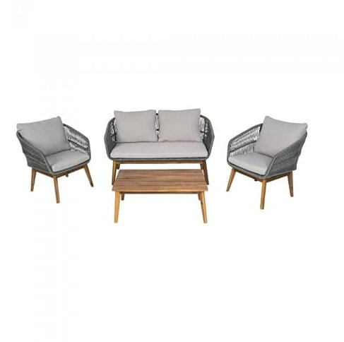 Grindi - Gartenmöbel Lounge Set, Seilgeflecht, Seilbespannung, Balkonmöbel - 4 Personen, mit Sofa, Tisch & Stühlen - grau, Poma - wetterfest Sitzbezüge - für Garten, Balkon, Terrasse, Flache