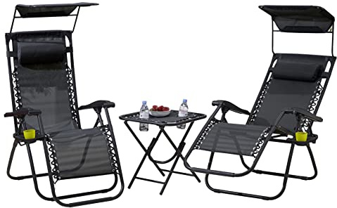 Neo 3pcs Folding Portable Zero Gravity Chairs Sun Lounger Table Set Cup Holders Reclining Garden Patio Outdoor Camping (Black)